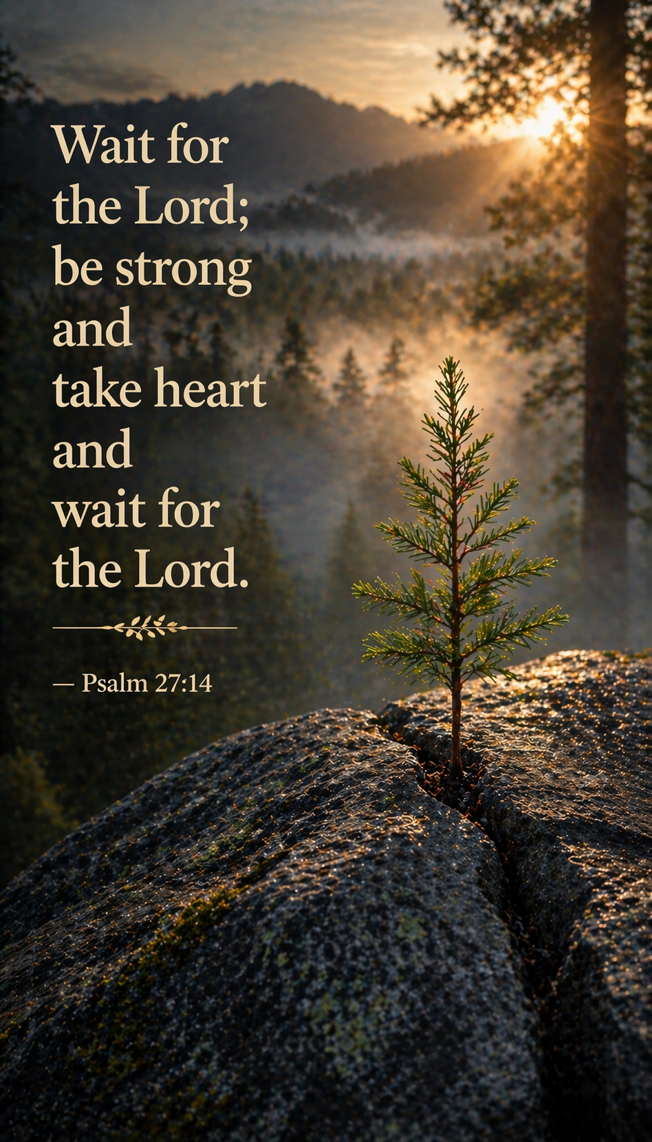 Psalm 27:14 — Wait for the Lord — Sapling on Rock Vertical Wallpaper